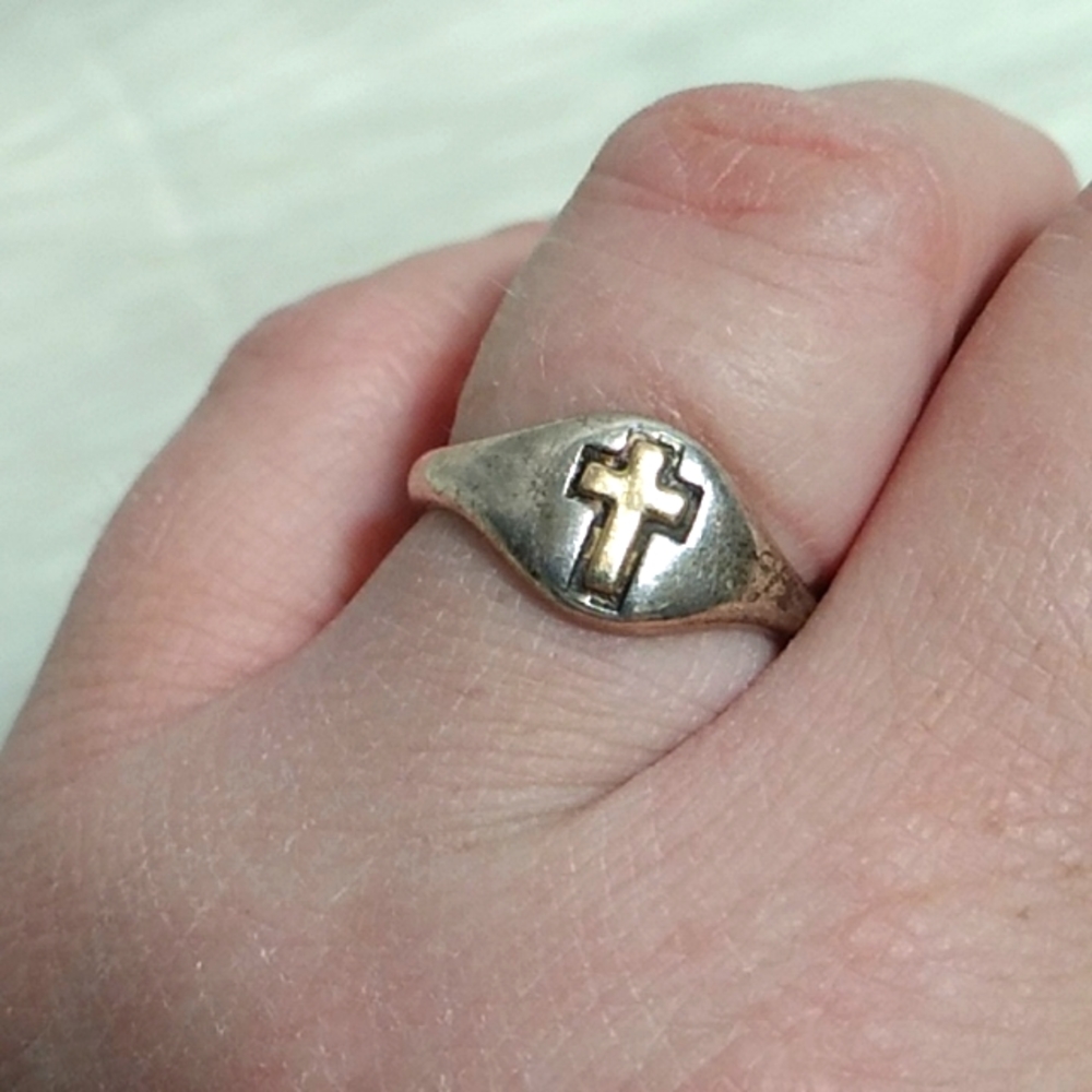 SALE! Antique 14K Gold Cross 925 Band Ring Flaw Can Be Easy Fix Stamped 14kt/925